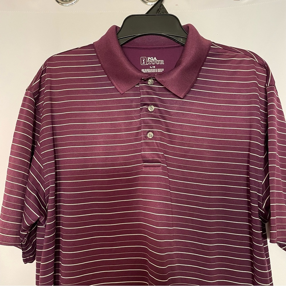 PGA Tour Golf Shirt Mens Large Purple Striped Short Sleeve Moisture Wicking Polo - Picture 5 of 7